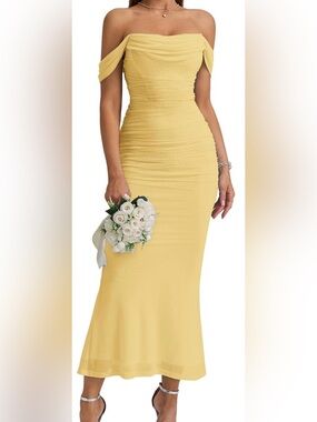 Elegant Yellow Ruched Bodycon Wedding Dress